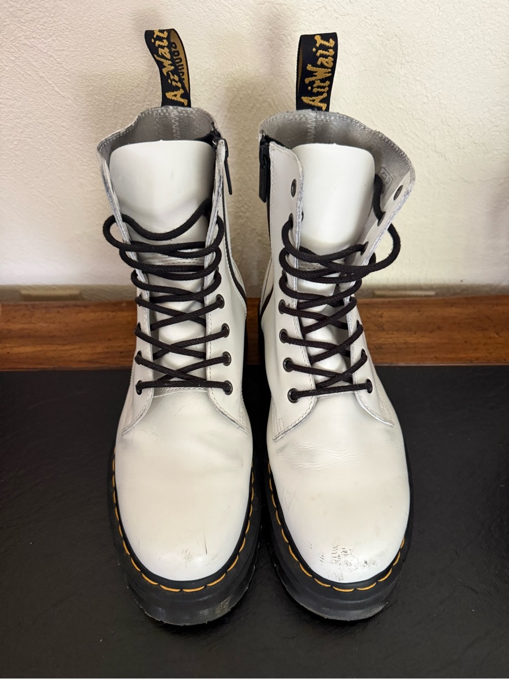 Dr. Martens White Leather 8-Eye Lace-Up Combat Boots with Yellow Welt Stitching